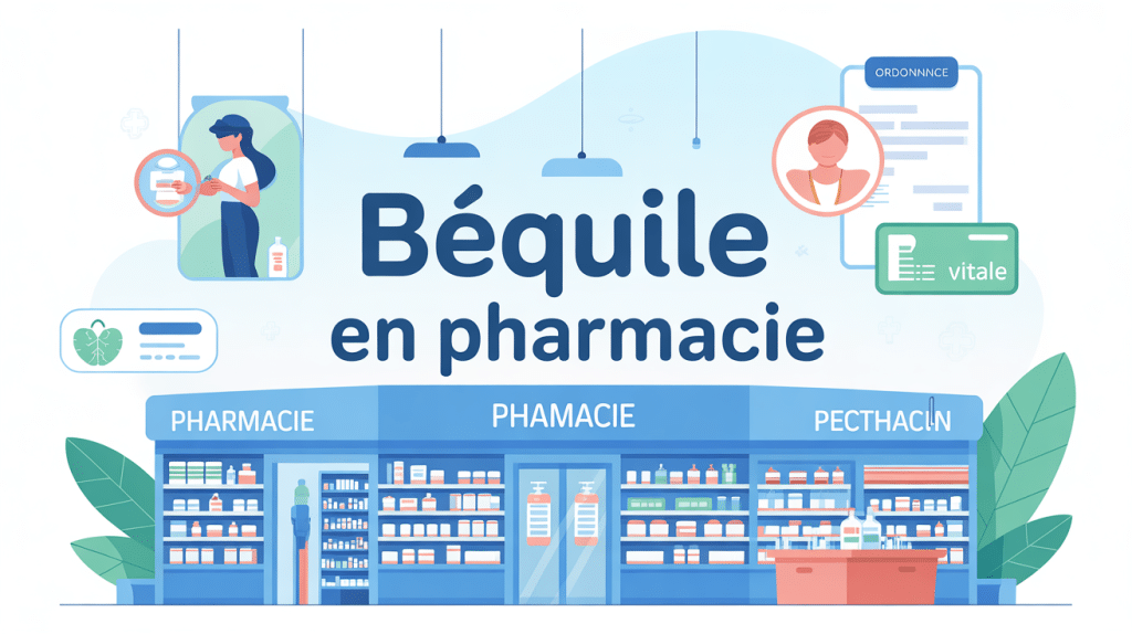 bequille pharmacie devant pharmacie, silhouette avec ordonnance et carte vitale