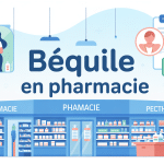 bequille pharmacie devant pharmacie, silhouette avec ordonnance et carte vitale