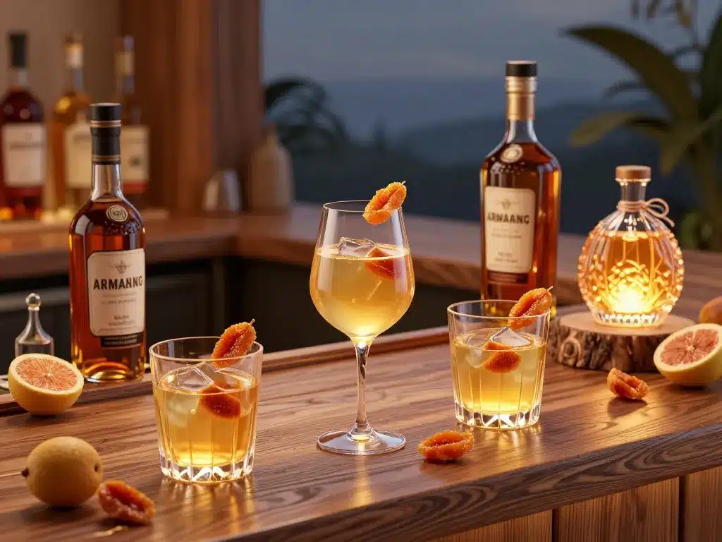 Cocktails armagnacaises verres Armagnac pruneaux sur bar rustique