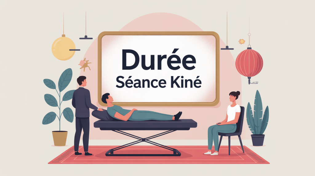 Illustration moderne sur combien dure une séance de kiné, table, sablier et kiné en action