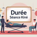 Illustration moderne sur combien dure une séance de kiné, table, sablier et kiné en action