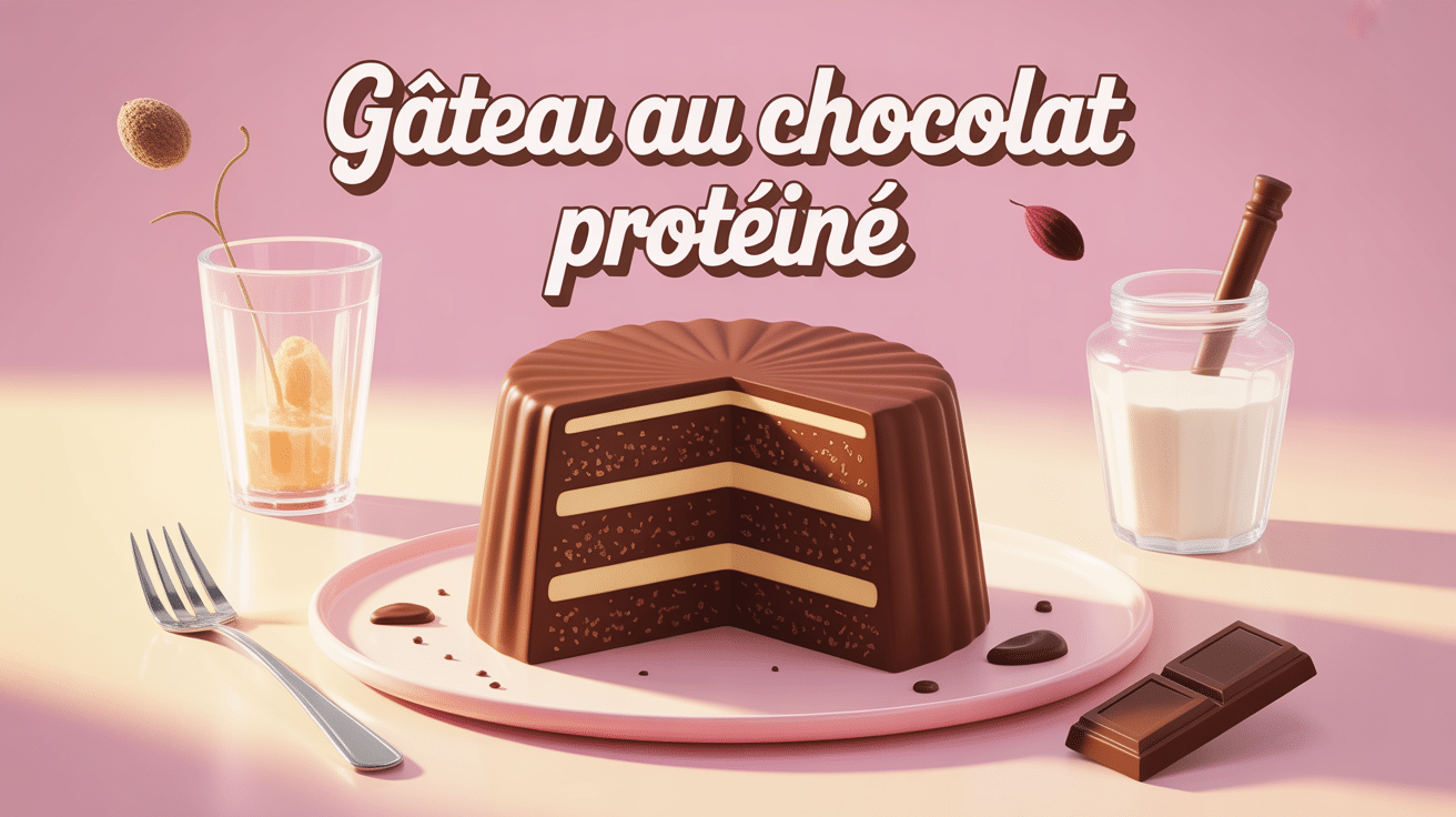 gateau au chocolat proteine stylisé 3d part fondante avec haltères et ingrédients naturels