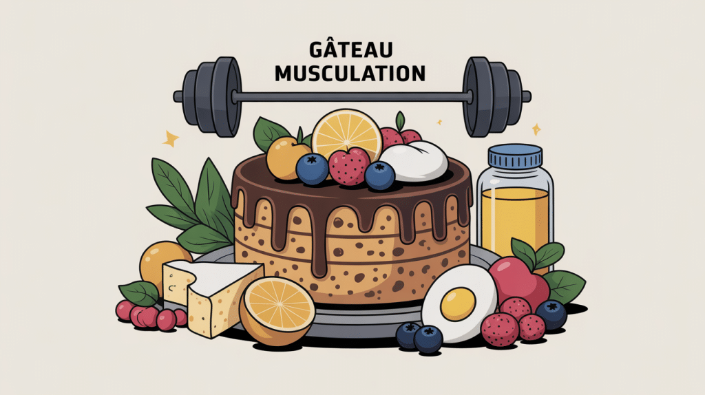 gateau musculation protéiné stylisé avec ingrédients sains et ambiance sportive