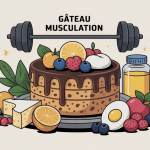 gateau musculation protéiné stylisé avec ingrédients sains et ambiance sportive