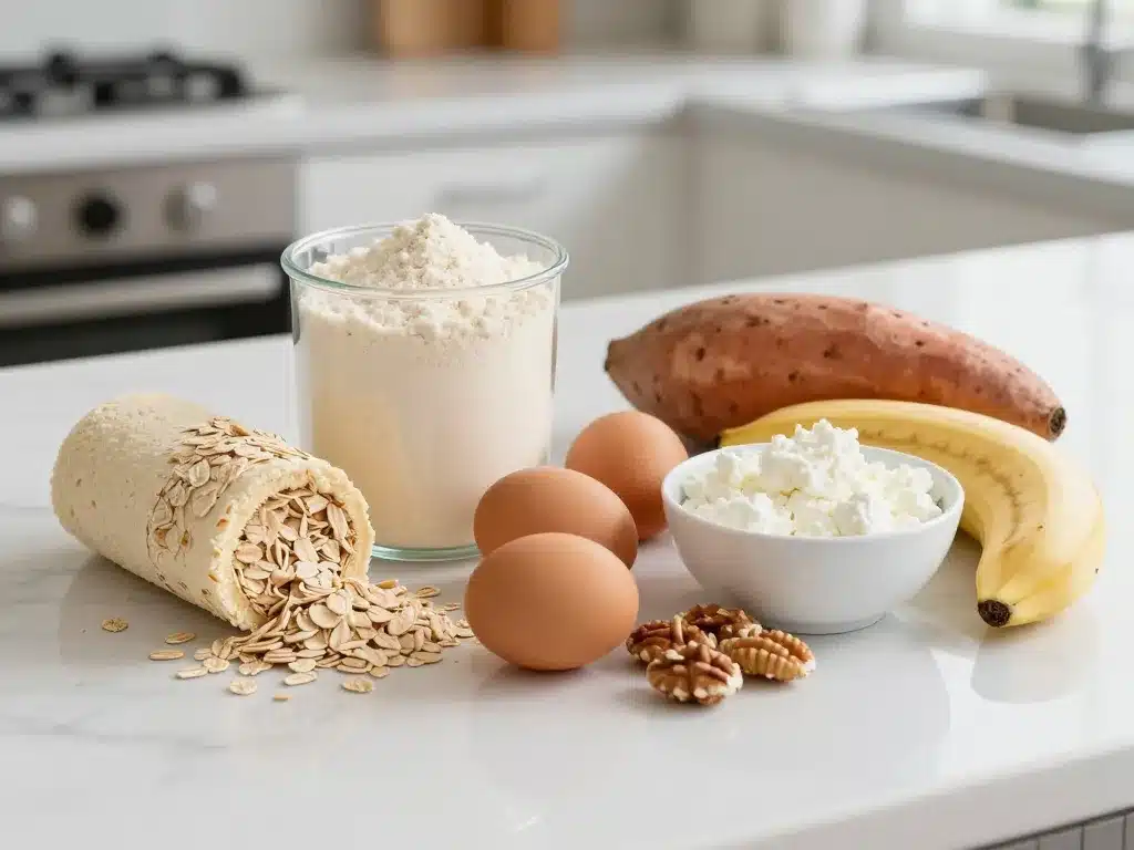 ingredients gateau musculation protéiné sur plan de travail moderne