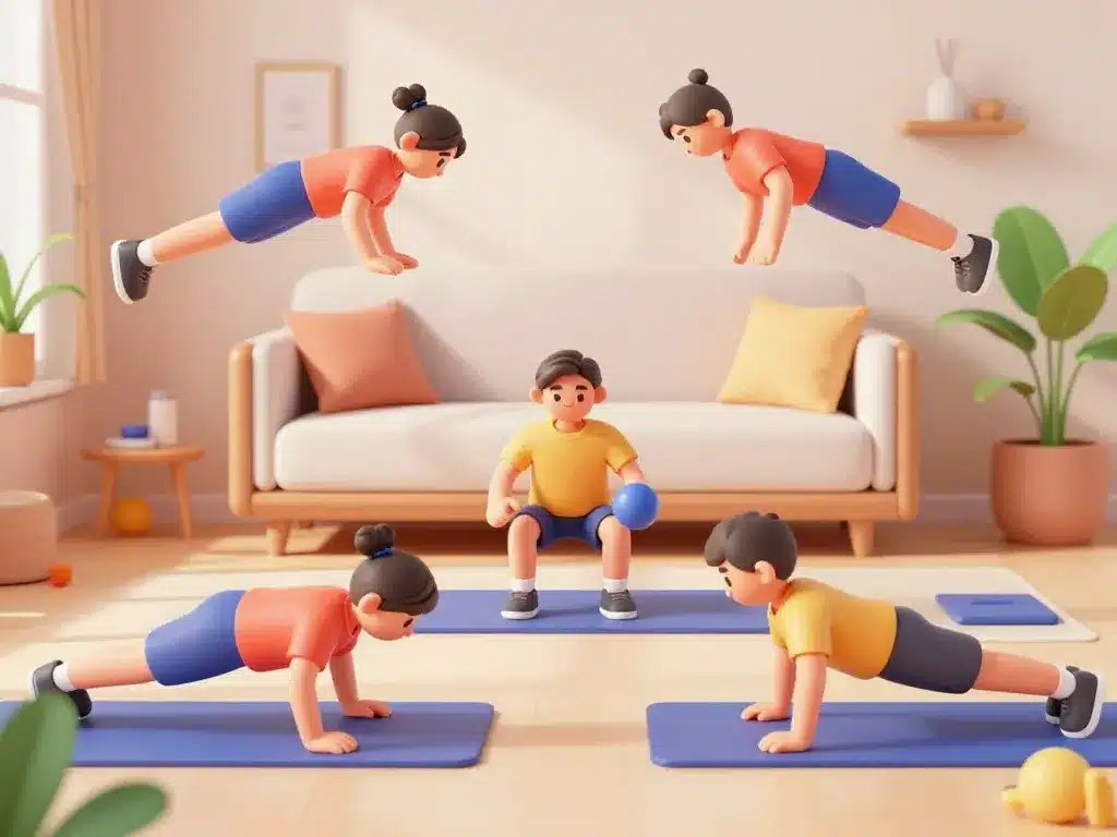 musculation dans la maison, programme au poids du corps, salon cosy