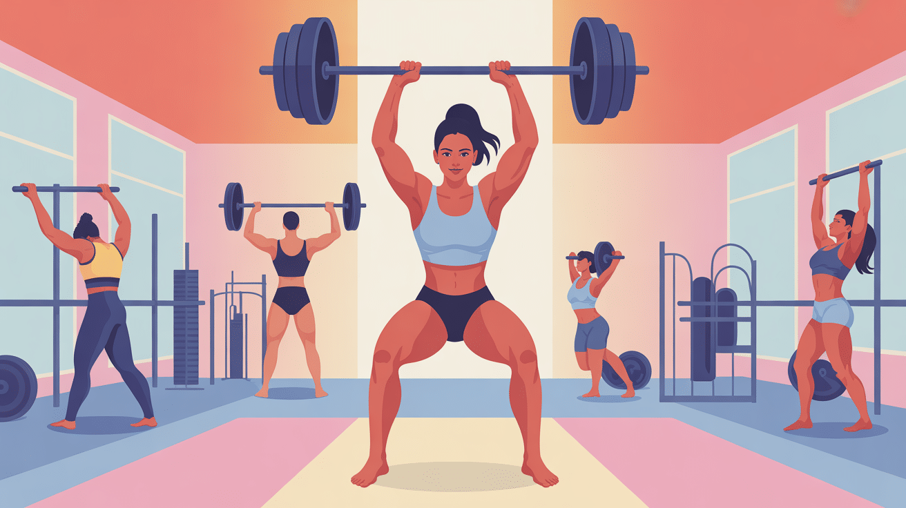 Musculation femme exercice, femme soulevant haltères, illustration inspirante