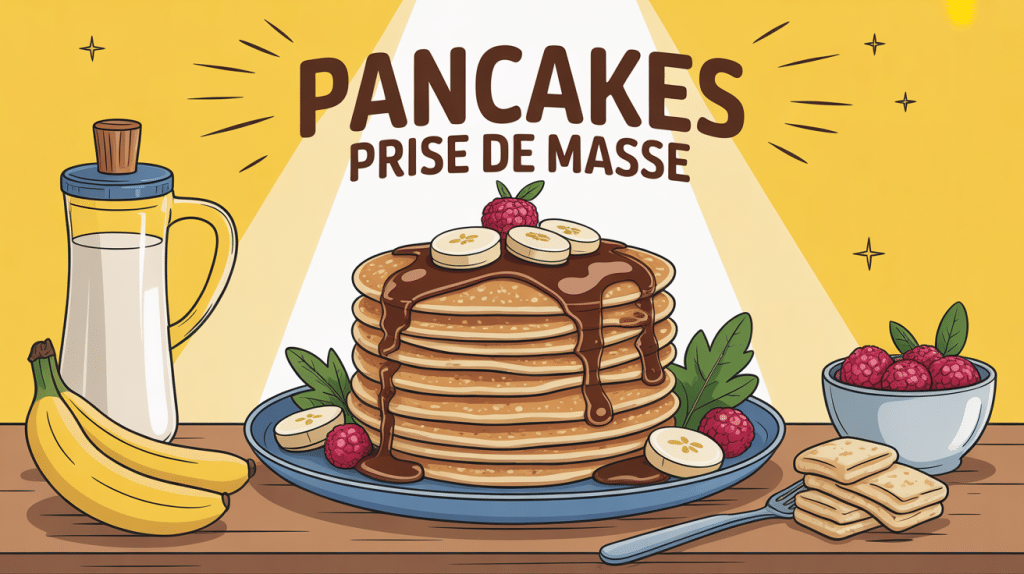 Pile de pancakes prise de masse garnis, ambiance musculation
