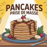Pile de pancakes prise de masse garnis, ambiance musculation