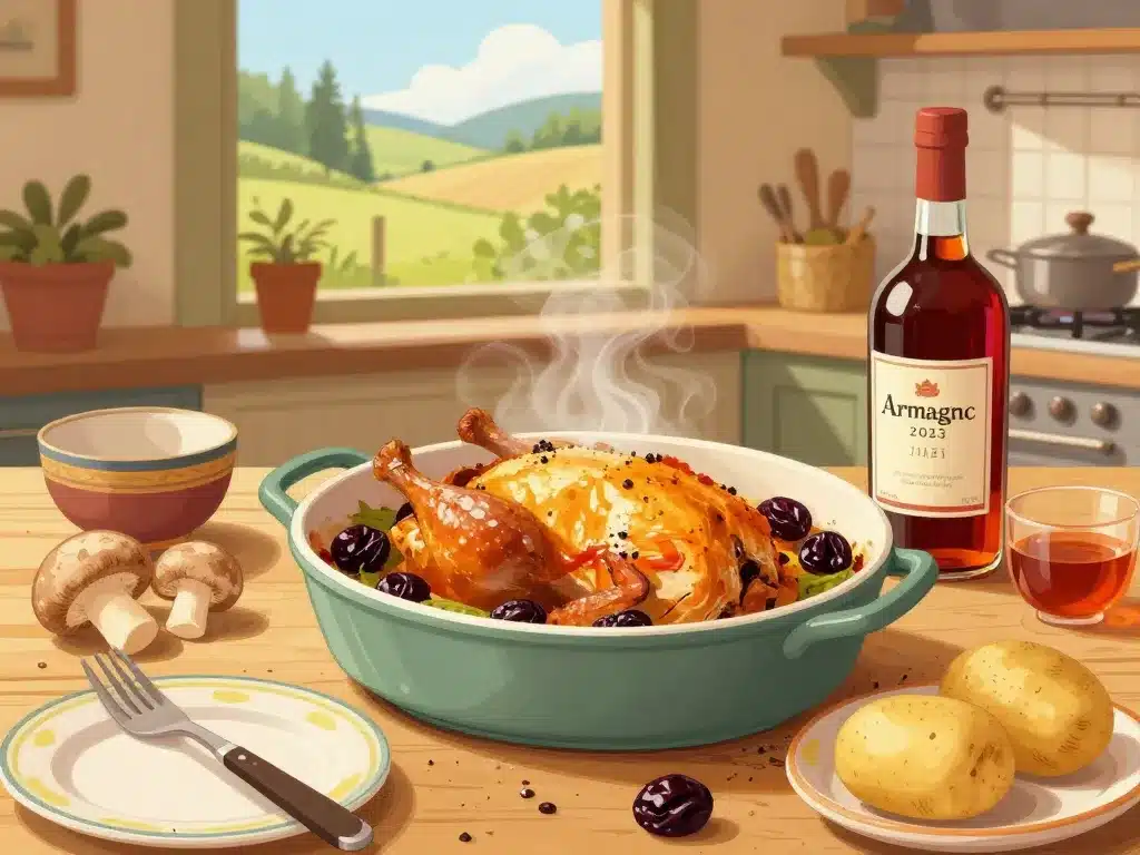 Plat armagnacaise traditionnel casserole volailles pruneaux Armagnac