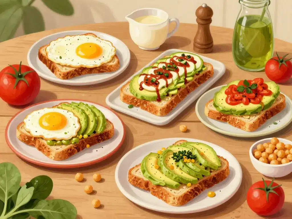 Variations tartine avocat healthy petit-déjeuner dîner avec ingrédients frais