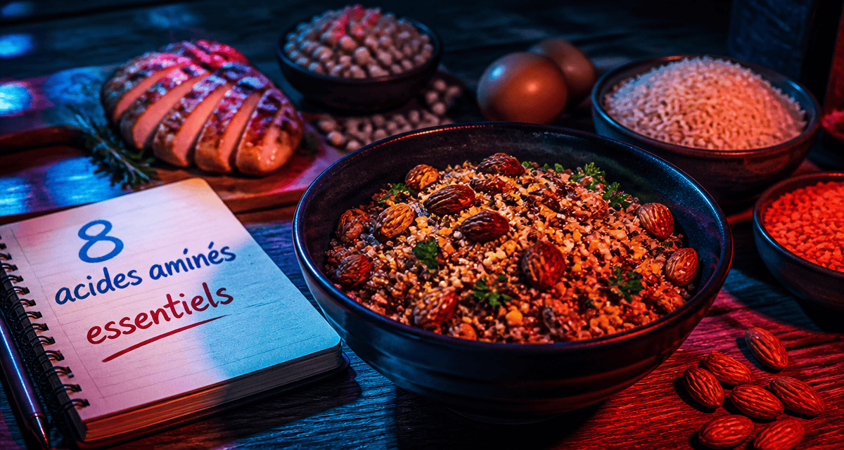 8 acides amines essentiels bol quinoa lentilles oeuf poulet soja