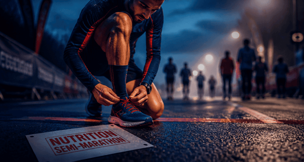 alimentation pour un semi marathon coureur lacets ligne départ