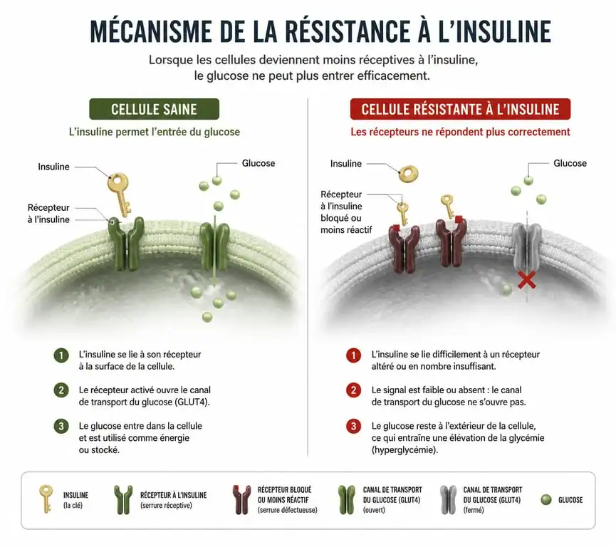Schéma explicatif de la résistance à l'insuline et du mécanisme de transport du glucose dans les cellules