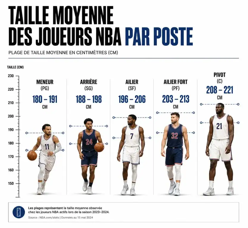 Infographie de la taille moyenne des basketteurs NBA par poste de jeu