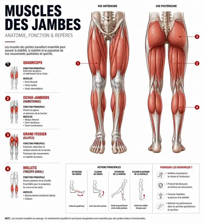 Schéma anatomique des muscles des jambes ciblés par la musculation à la maison