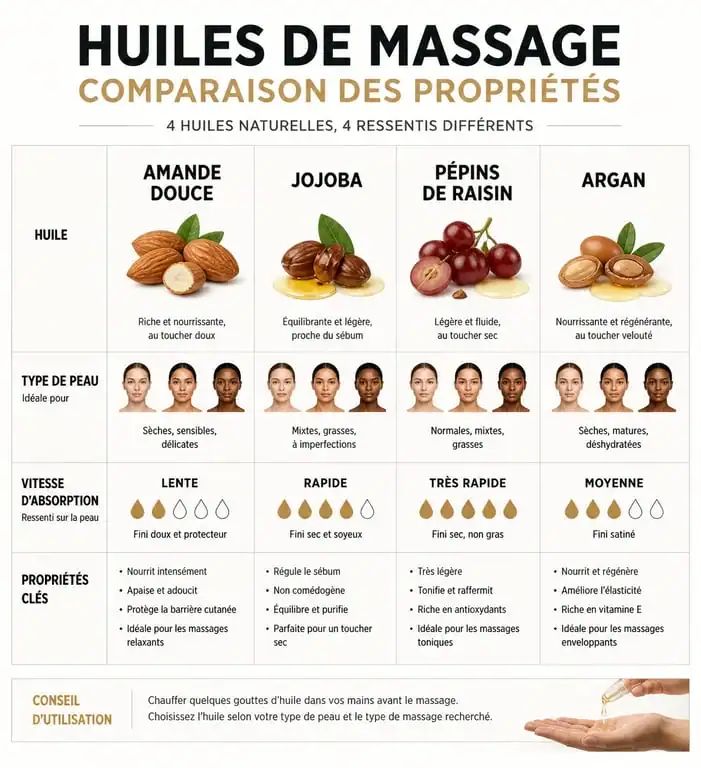Infographie comparative des meilleures huiles de massage selon le type de peau et l'absorption