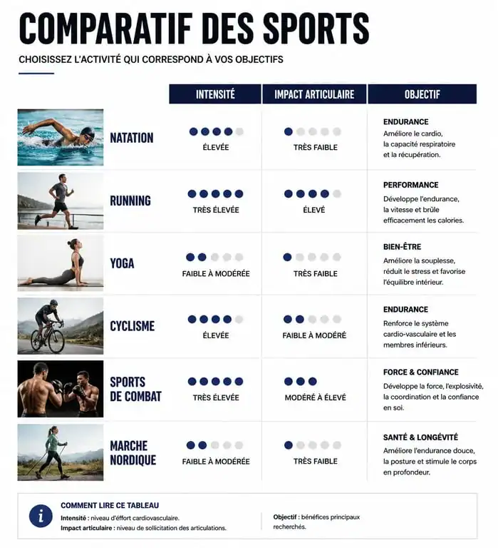 Infographie comparative des sports : choisir son activité selon l'intensité et les objectifs
