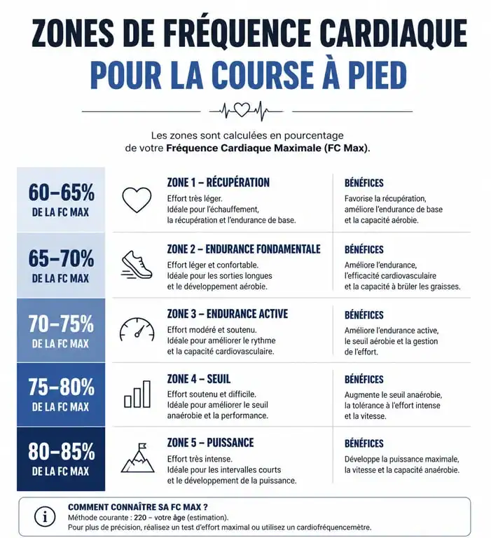 Infographie des zones de fréquence cardiaque en endurance fondamentale pour coureurs