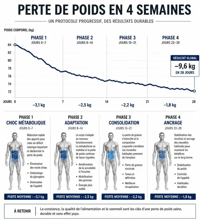 Infographie illustrant les 4 étapes pour perdre du poids en 1 mois de manière saine et durable