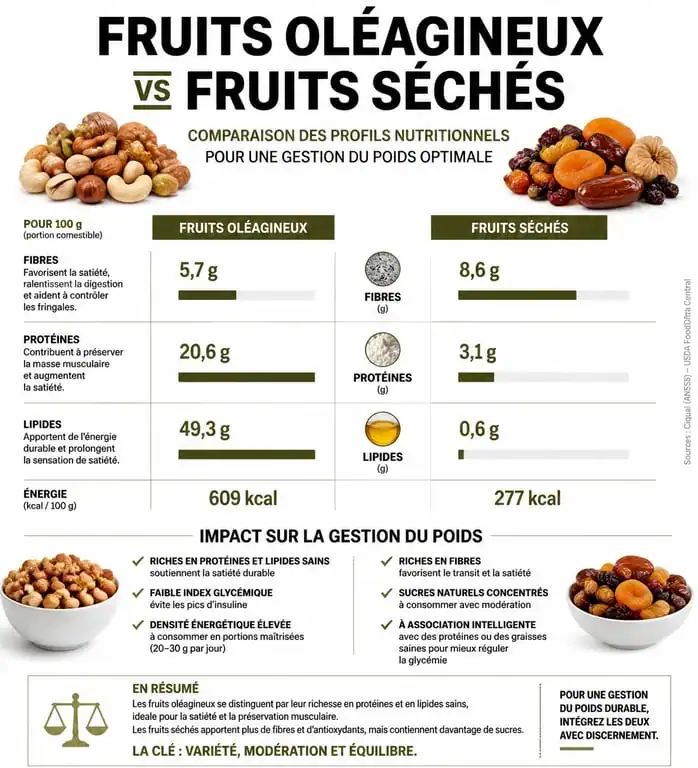 Infographie comparative des bienfaits nutritionnels des fruits secs et oléagineux pour le régime