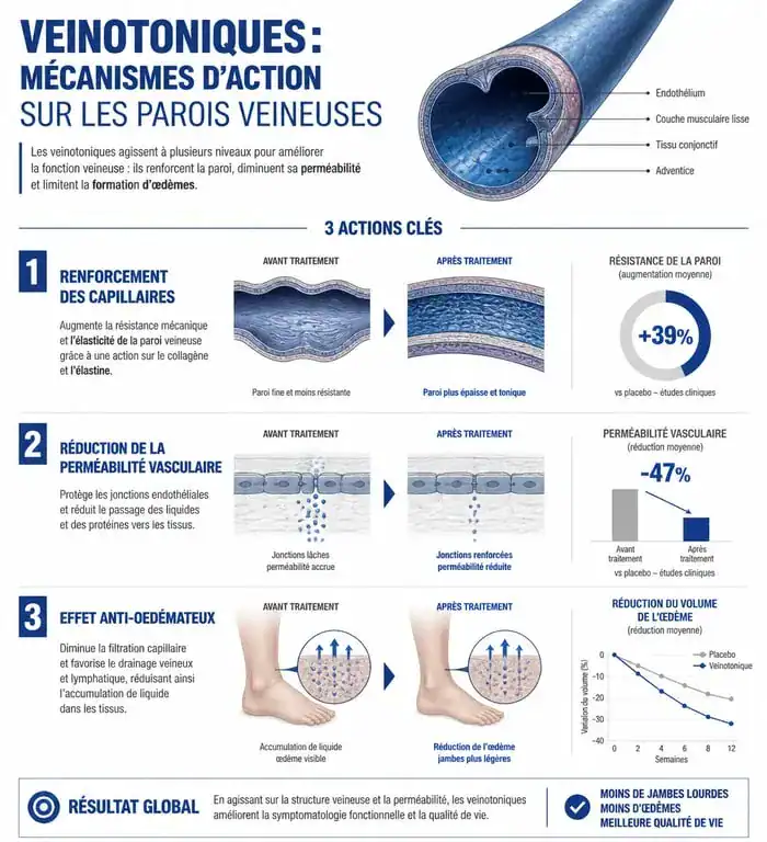 Infographie sur les mécanismes d'action des meilleurs compléments alimentaires pour la circulation sanguine et le retour veineux