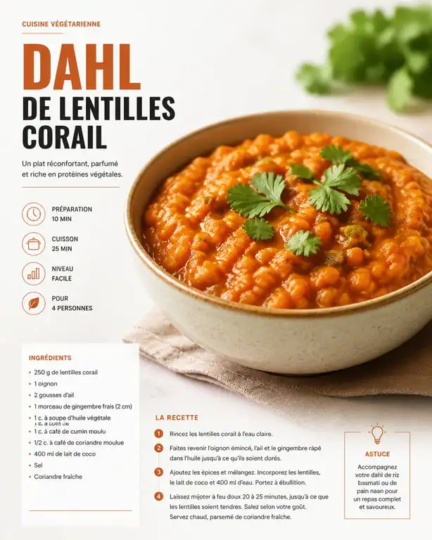 Dahl de lentilles corail maison pour calculer les calories d'une recette