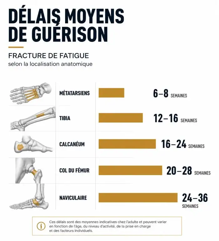 Infographie des délais de guérison pour une fracture de fatigue selon la localisation