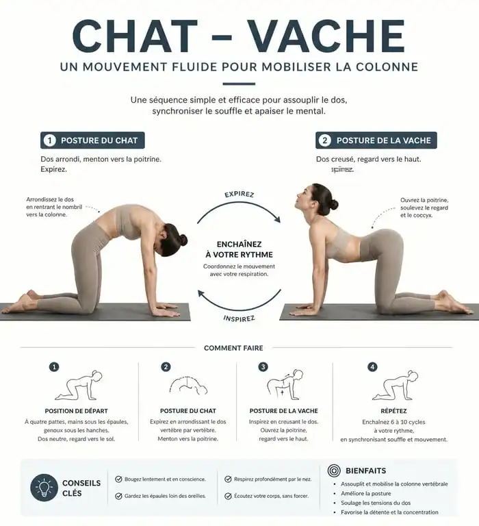 Infographie illustrant la posture du chat et de la vache en yoga pour la mobilité du dos