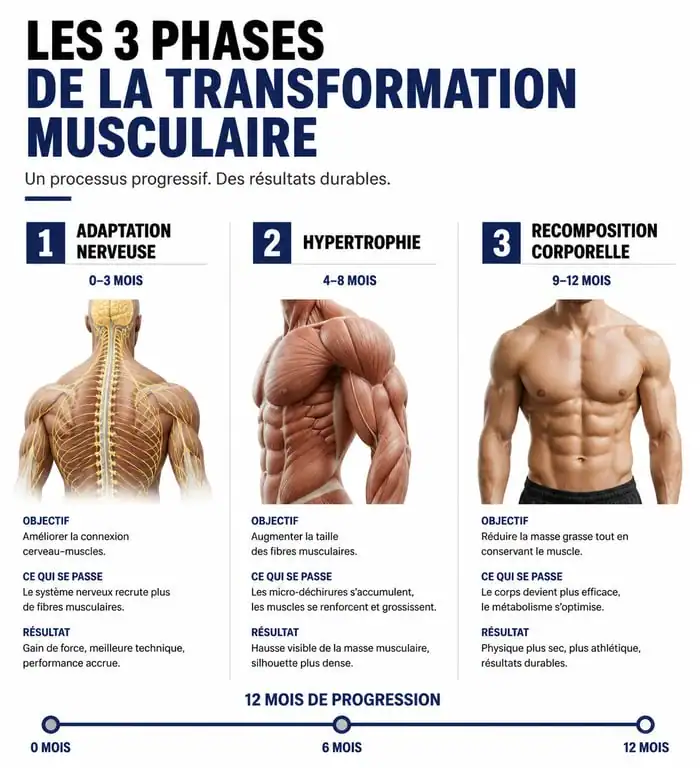 Infographie des phases de progression en 1 an de musculation avant après