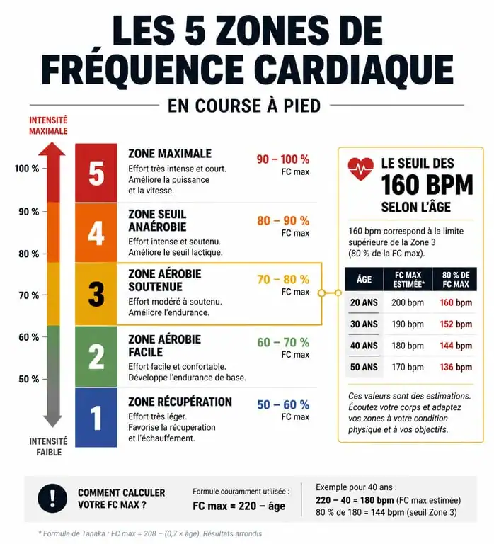 Infographie des zones de fréquence cardiaque en course à pied et seuil de 160 bpm par âge