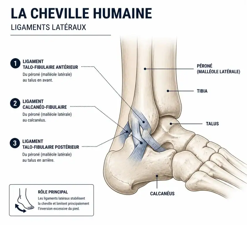 Schéma anatomique des ligaments de la cheville pour comprendre l'entorse