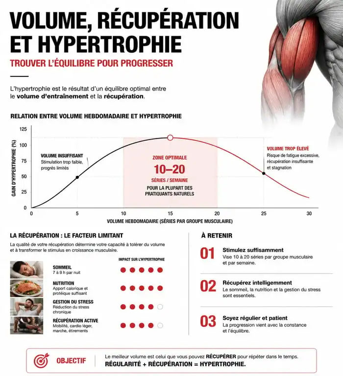 Infographie sur le volume d'entraînement optimal par muscle pour l'hypertrophie