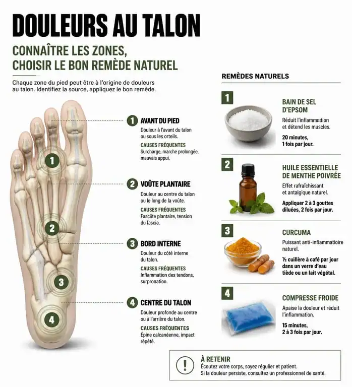 Infographie des remèdes naturels pour soulager la douleur au talon et la fasciite plantaire