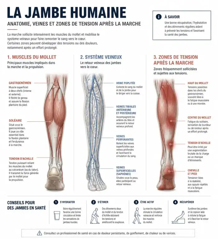 Infographie sur la physiologie et les causes des douleurs aux jambes après la marche