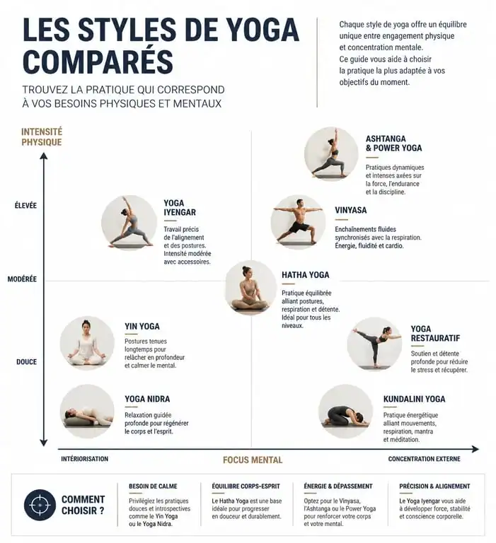 Tableau comparatif des différents types de yoga : Hatha, Vinyasa, Ashtanga, Iyengar, Yin et Kundalini.