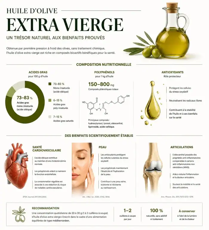 Infographie sur les bienfaits santé de l'huile d'olive extra vierge
