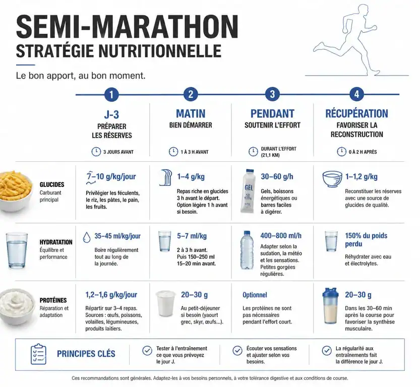 Infographie nutrition semi-marathon : stratégie alimentaire pour la performance et la récupération