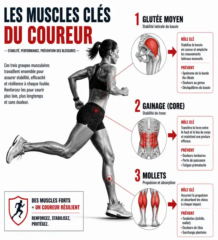 Infographie des muscles clés pour le renforcement musculaire course a pied