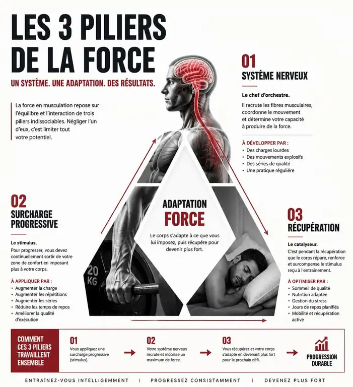 Infographie sur les piliers de la force en musculation pour optimiser le recrutement des unités motrices