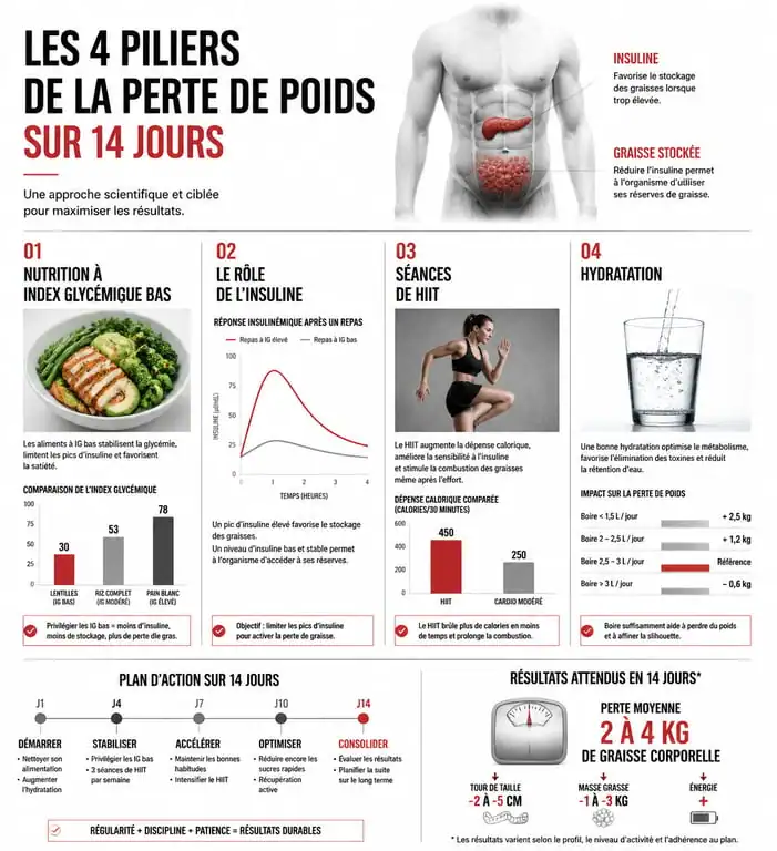 Infographie des piliers pour perdre 3 kilos en 2 semaines