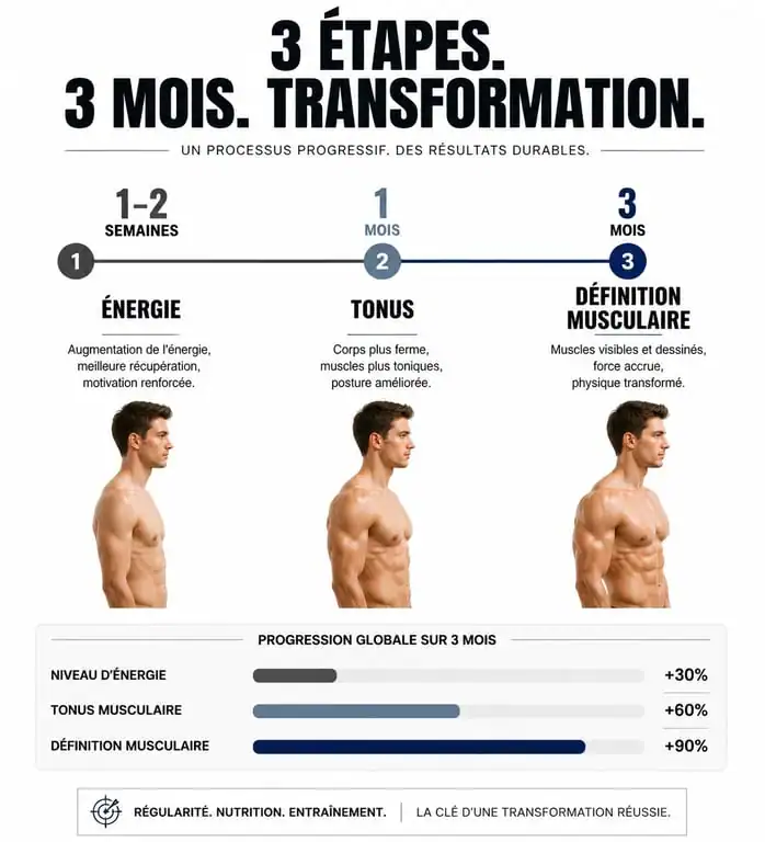 Infographie des résultats attendus après 30 minutes de sport par jour : transformation physique et bien-être