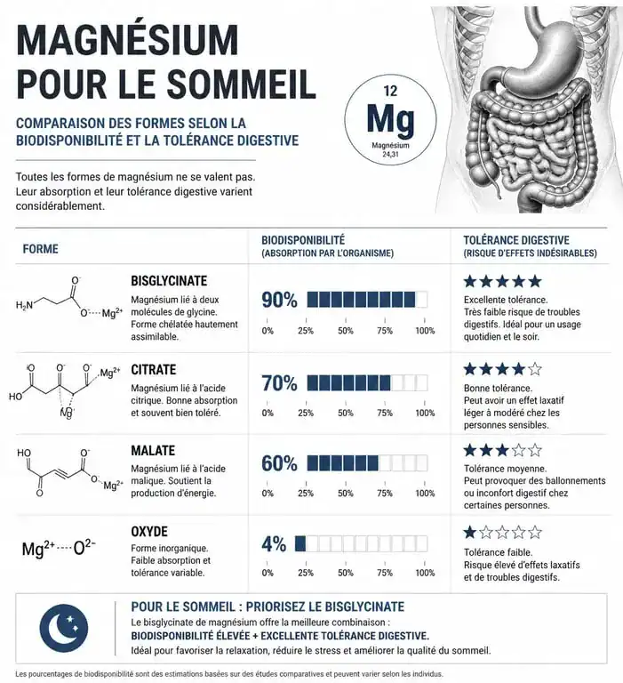 Comparatif des formes de magnésium pour le sommeil : biodisponibilité et tolérance