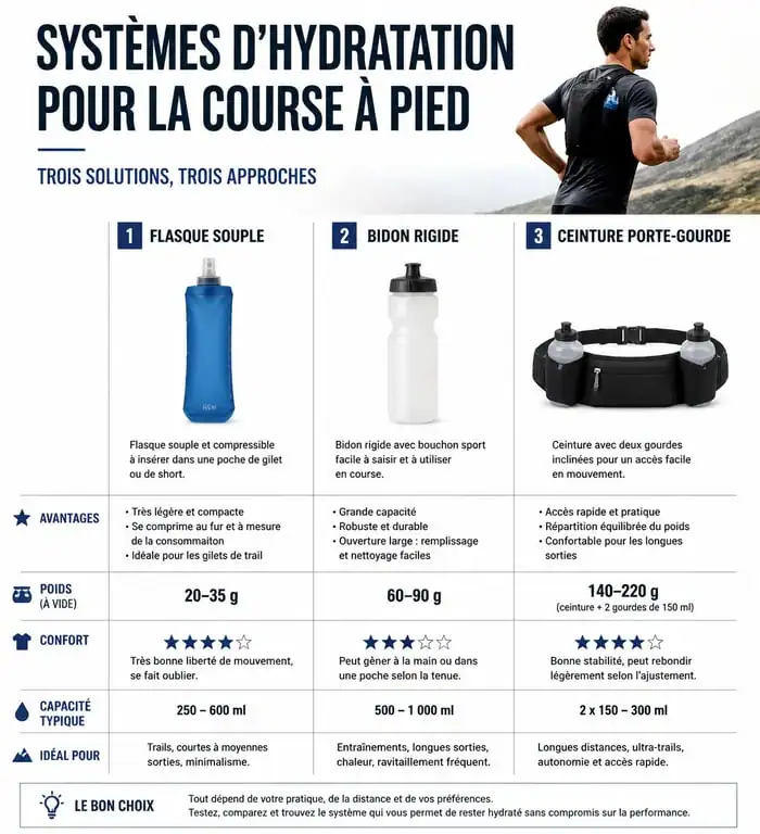 Comparatif des systèmes d'hydratation pour la course à pied : flasque souple, bidon rigide et ceinture