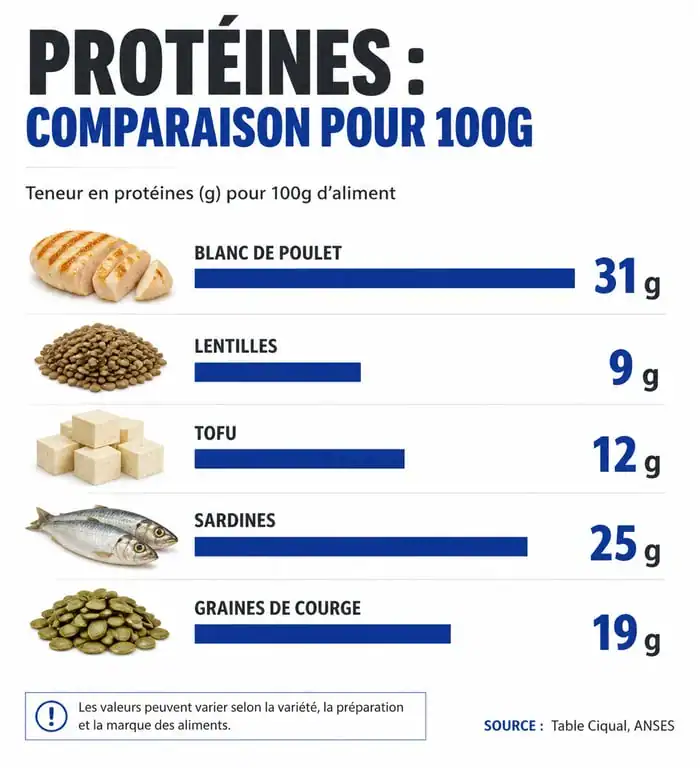 Infographie comparant les sources de protéines pour manger plus de protéines au quotidien