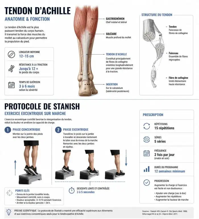 Schéma anatomique et illustration du protocole de Stanish pour soigner une tendinopathie du tendon d'Achille