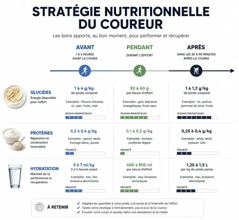 Infographie nutrition course à pied : stratégie alimentaire avant, pendant et après l'effort pour optimiser la performance et la récupération.