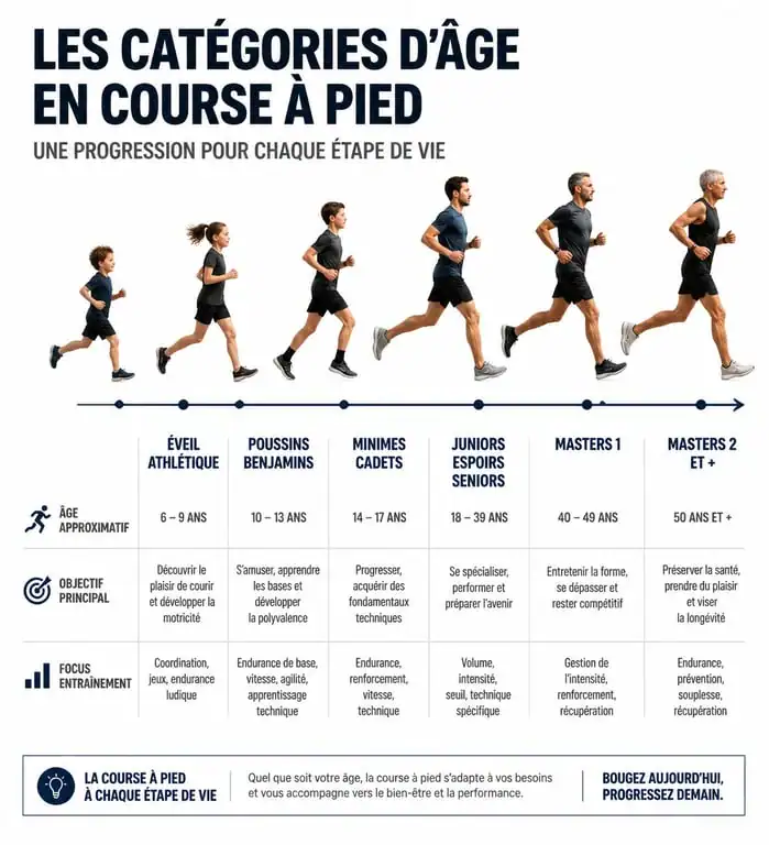 Infographie des catégories d'âge FFA pour la course à pied 2024