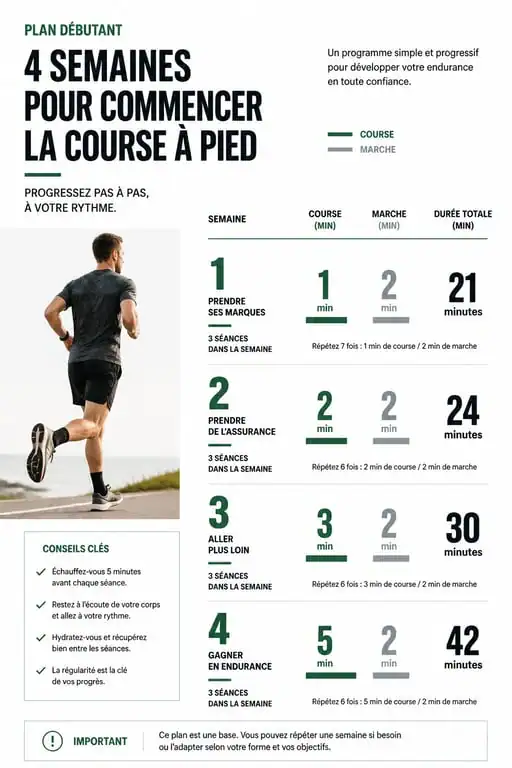 Infographie de plan d'entraînement à la course à pied pour débutant sur 4 semaines