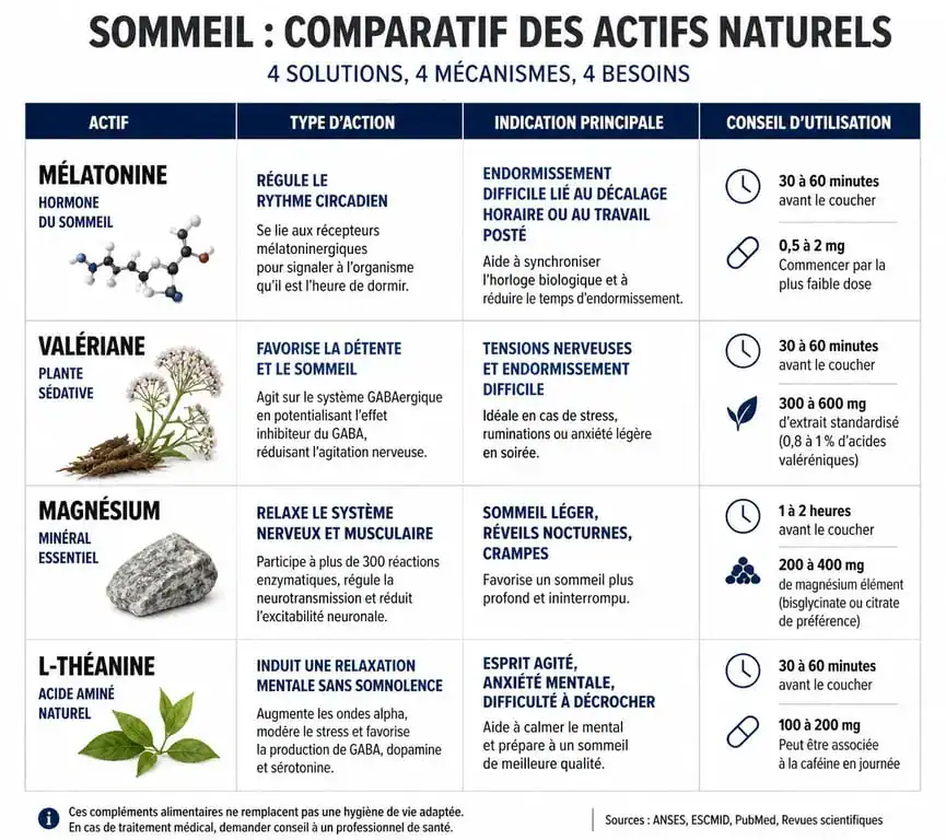 Infographie comparative des compléments alimentaires pour dormir : mélatonine, plantes et minéraux